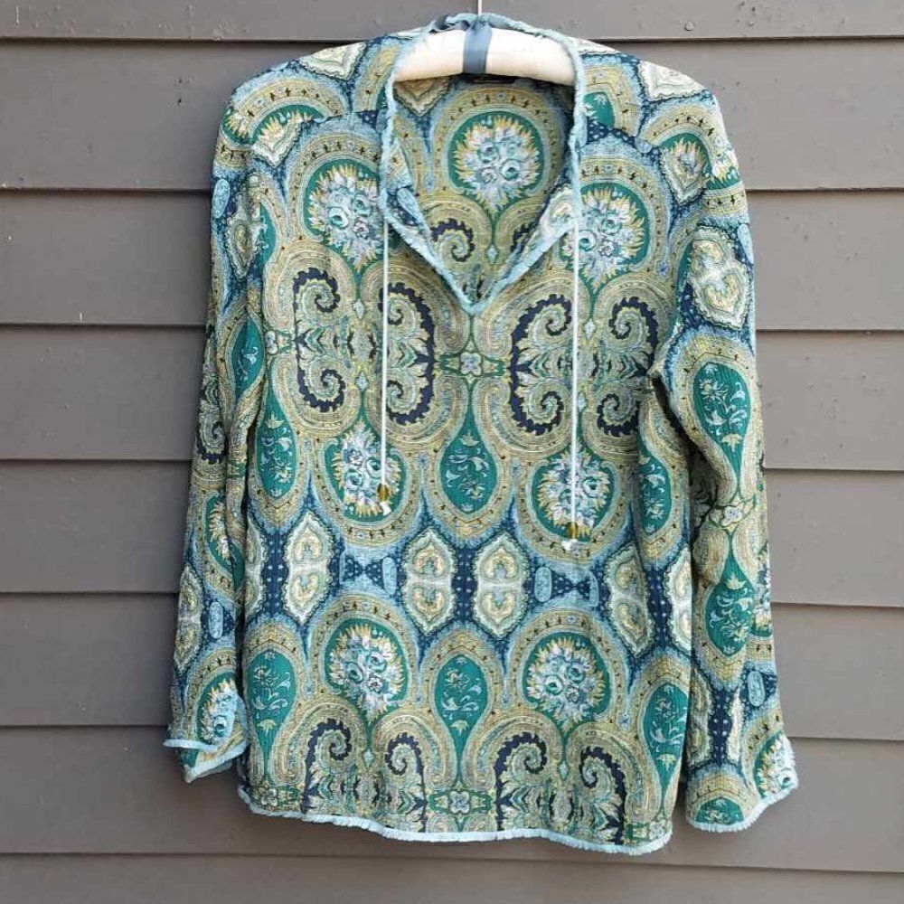 Indigo Palms Silk Blue Green Paisley Peasant Blouse size XL